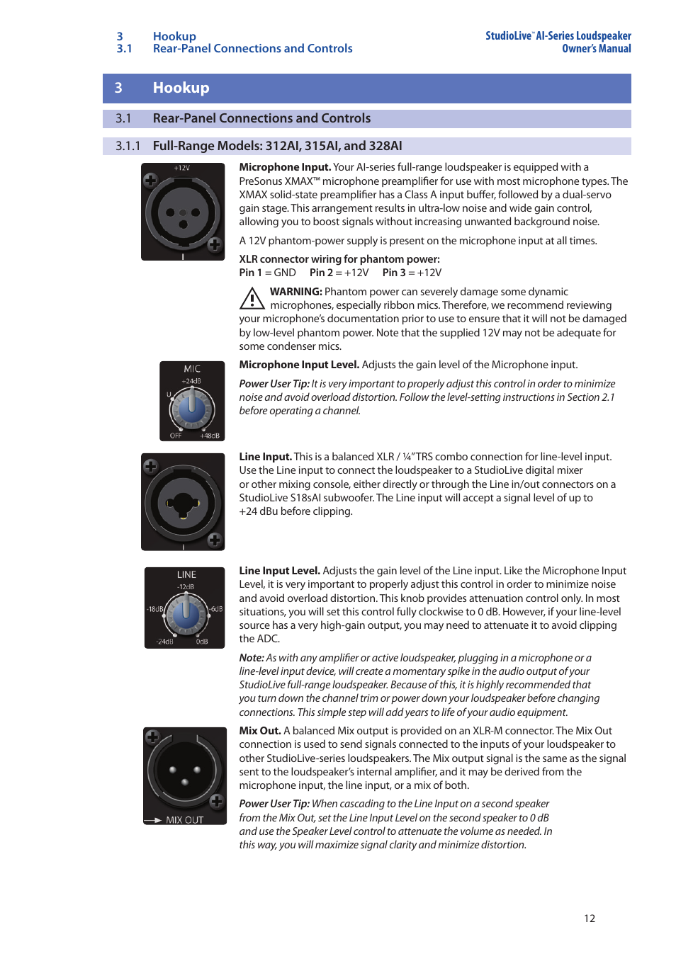 3 hookup, 1 rear-panel connections and controls, 1 full-range models: 312ai, 315ai, and 328ai | 3 hookup — 12, Rear-panel connections and controls — 12, 1 full-range models: 312ai, 315ai, And 328ai — 12 | PreSonus StudioLive 328AI User Manual | Page 16 / 48