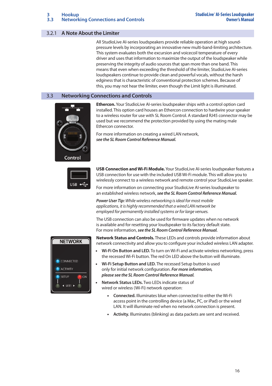 2 onboard performance monitoring, 1 a note about the limiter, 3 networking connections and controls | Onboard performance monitoring — 16, 1 a note about the limiter — 16, Networking connections and controls — 16 | PreSonus StudioLive 328AI User Manual | Page 20 / 48