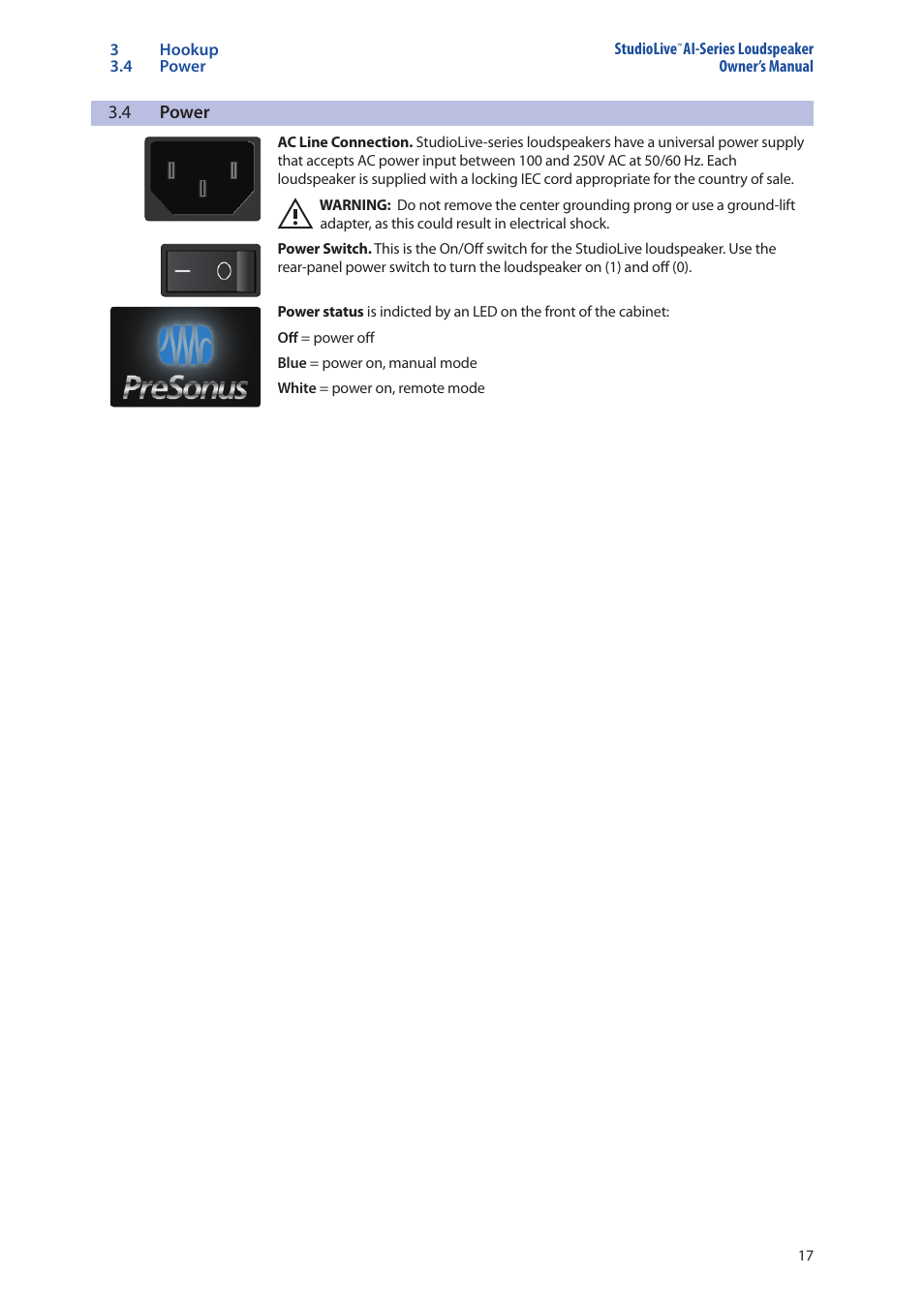 4 power, Power — 17 | PreSonus StudioLive 328AI User Manual | Page 21 / 48