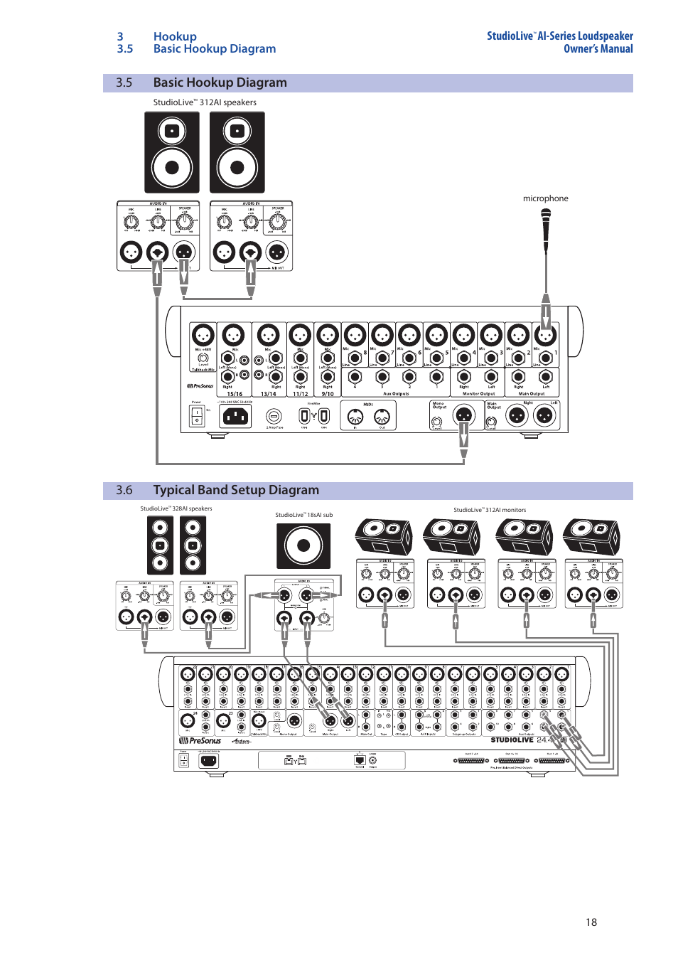 5 basic hookup diagram, 6 typical band setup diagram, 7 typical venue setup diagrams | 8 typical corporate conference, Basic hookup diagram — 18, Typical band setup diagram — 18, Typical venue setup diagrams — 18, Typical corporate conference — 18, 3 hookup 3.5 basic hookup diagram studiolive, Ai-series loudspeaker owner’s manual | PreSonus StudioLive 328AI User Manual | Page 22 / 48