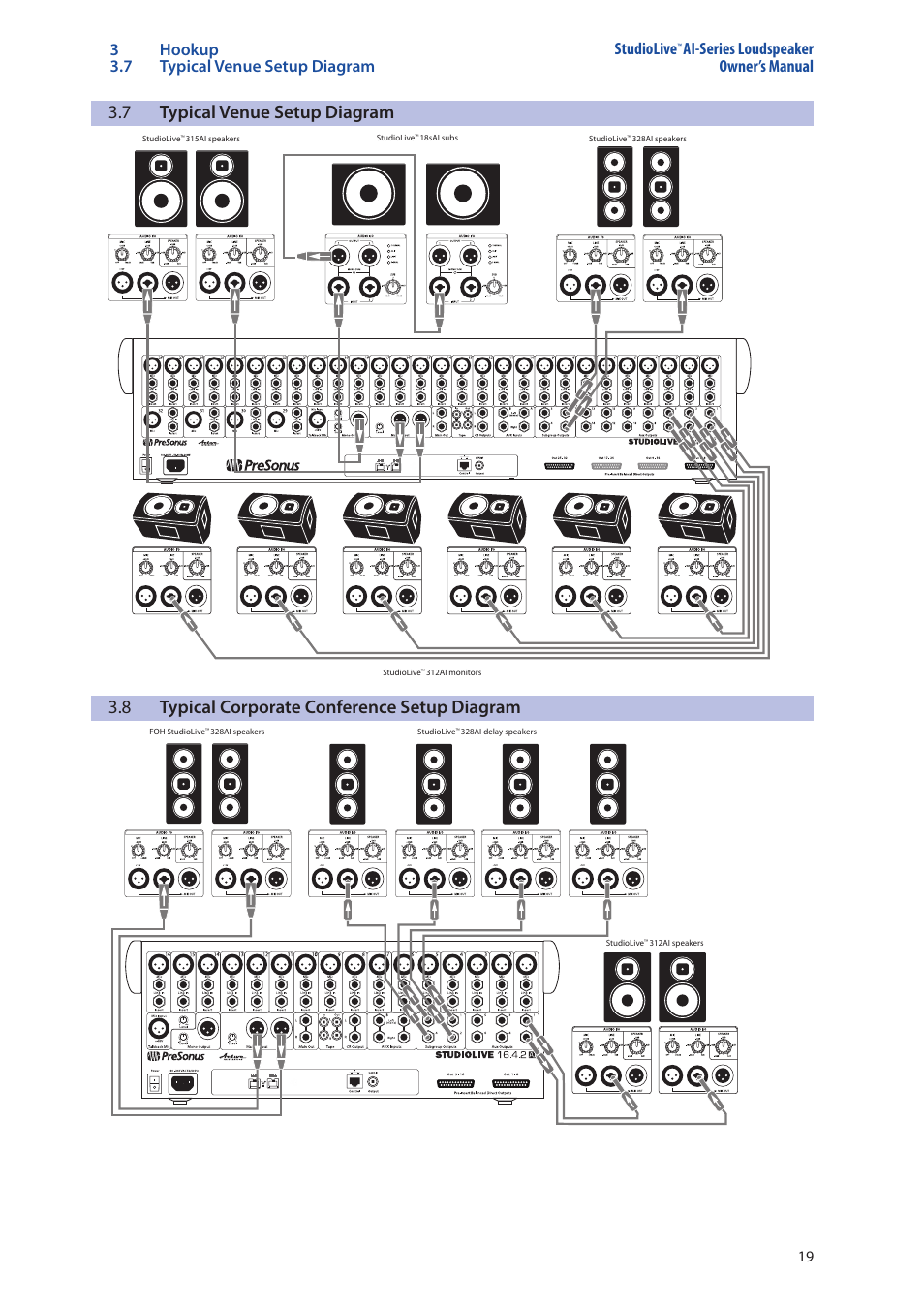 4 system configuration, 1 recognizing problem rooms, System configuration — 19 | Recognizing problem rooms — 19, 7 typical venue setup diagram, 8 typical corporate conference setup diagram, Ai-series loudspeaker owner’s manual | PreSonus StudioLive 328AI User Manual | Page 23 / 48