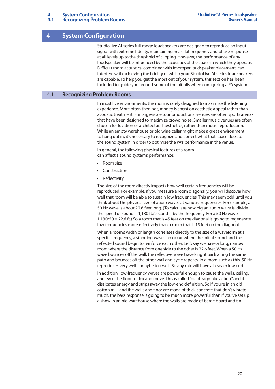 1 vertical coverage, 2 wall and corner loading, 1 vertical coverage — 20 | 2 wall and corner loading — 20, 4system configuration | PreSonus StudioLive 328AI User Manual | Page 24 / 48