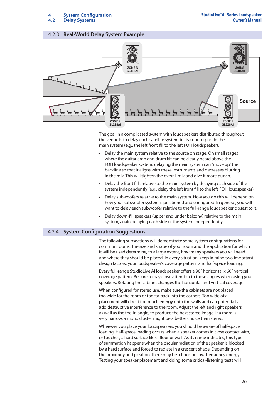 5 stereo system, 6 mono cluster with down fill, 5 stereo system — 26 | 6 mono cluster with down fill — 26, 3 real-world delay system example, 4 system configuration suggestions | PreSonus StudioLive 328AI User Manual | Page 30 / 48