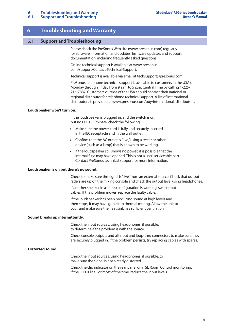 2 warranty, Warranty — 41, 6troubleshooting and warranty | PreSonus StudioLive 328AI User Manual | Page 45 / 48