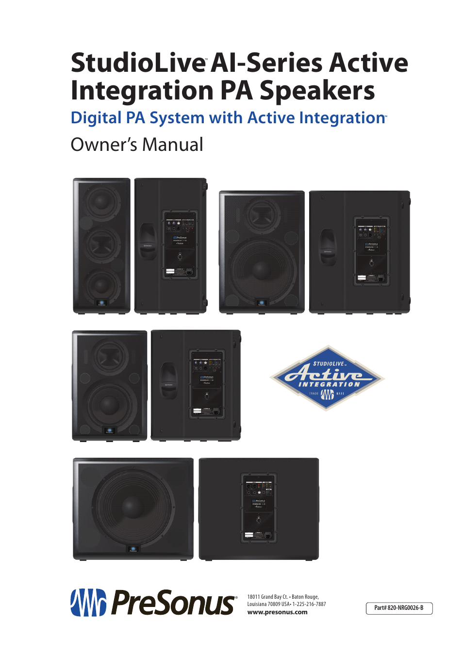 Studiolive, Ai-series active integration pa speakers, Owner’s manual | Digital pa system with active integration | PreSonus StudioLive 328AI User Manual | Page 48 / 48