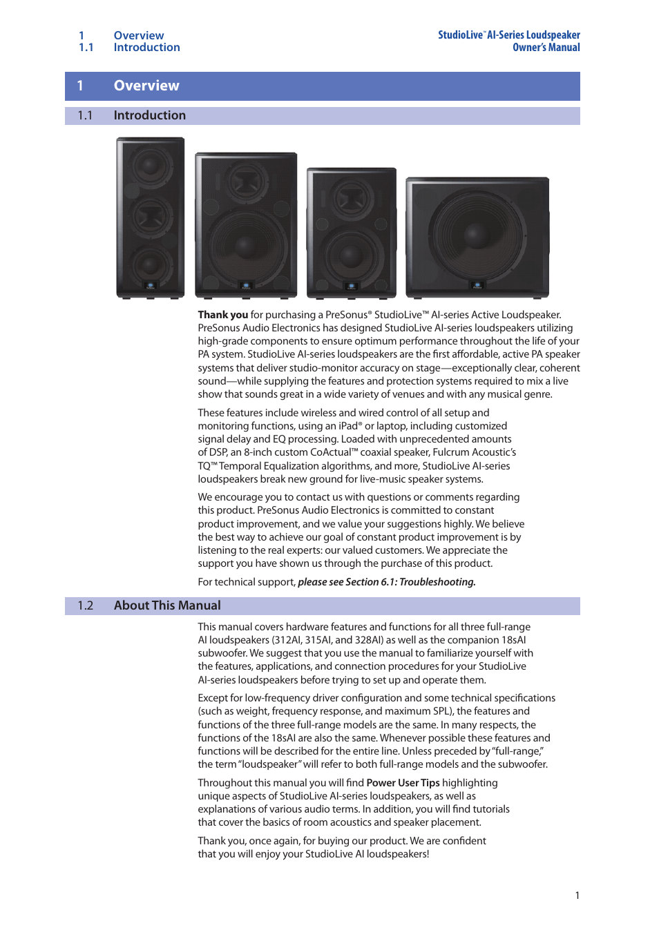 1 overview, 1 introduction, 2 about this manual | 1 overview — 1, Introduction — 1, About this manual — 1 | PreSonus StudioLive 328AI User Manual | Page 5 / 48