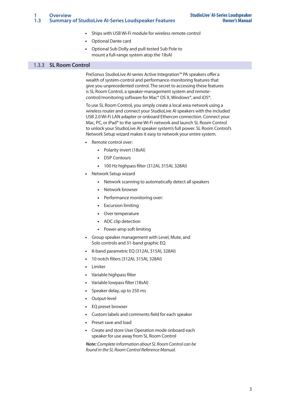 3 sl room control, 3 sl room control — 3 | PreSonus StudioLive 328AI User Manual | Page 7 / 48