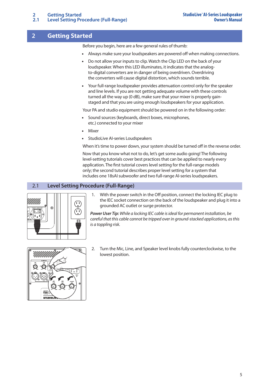 2 getting started, 1 level setting procedure (full-range), Getting started — 5 | Level setting procedure (full-range) — 5, 2getting started | PreSonus StudioLive 328AI User Manual | Page 9 / 48