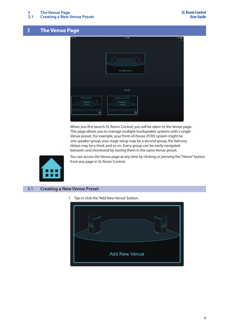 1 creating a new venue preset, Creating a new venue preset — 9, 3the venue page | PreSonus SL Room Control User Manual | Page 11 / 28