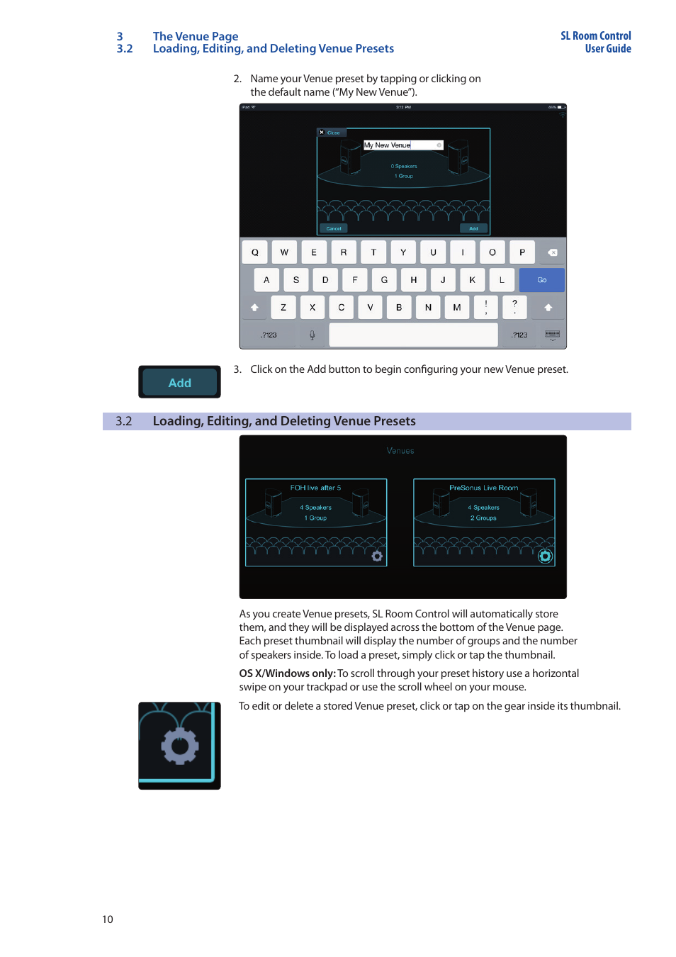 2 loading, editing, and deleting venue presets, Loading, editing, and deleting venue presets — 10 | PreSonus SL Room Control User Manual | Page 12 / 28