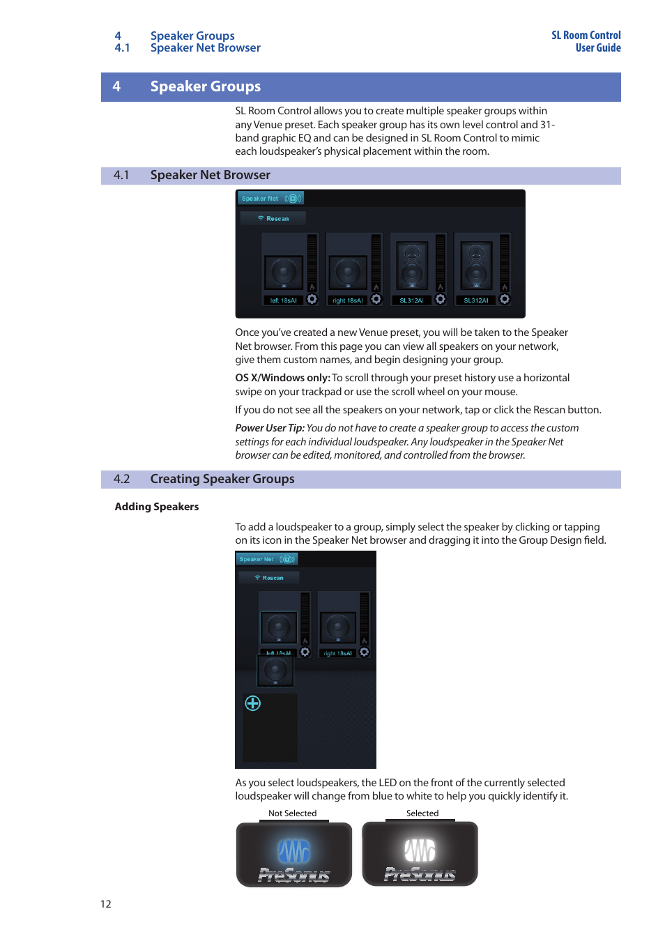 4 speaker groups, 1 speaker net browser, 2 creating speaker groups | Speaker groups — 12, Speaker net browser — 12, Creating speaker groups — 12, 4speaker groups | PreSonus SL Room Control User Manual | Page 14 / 28