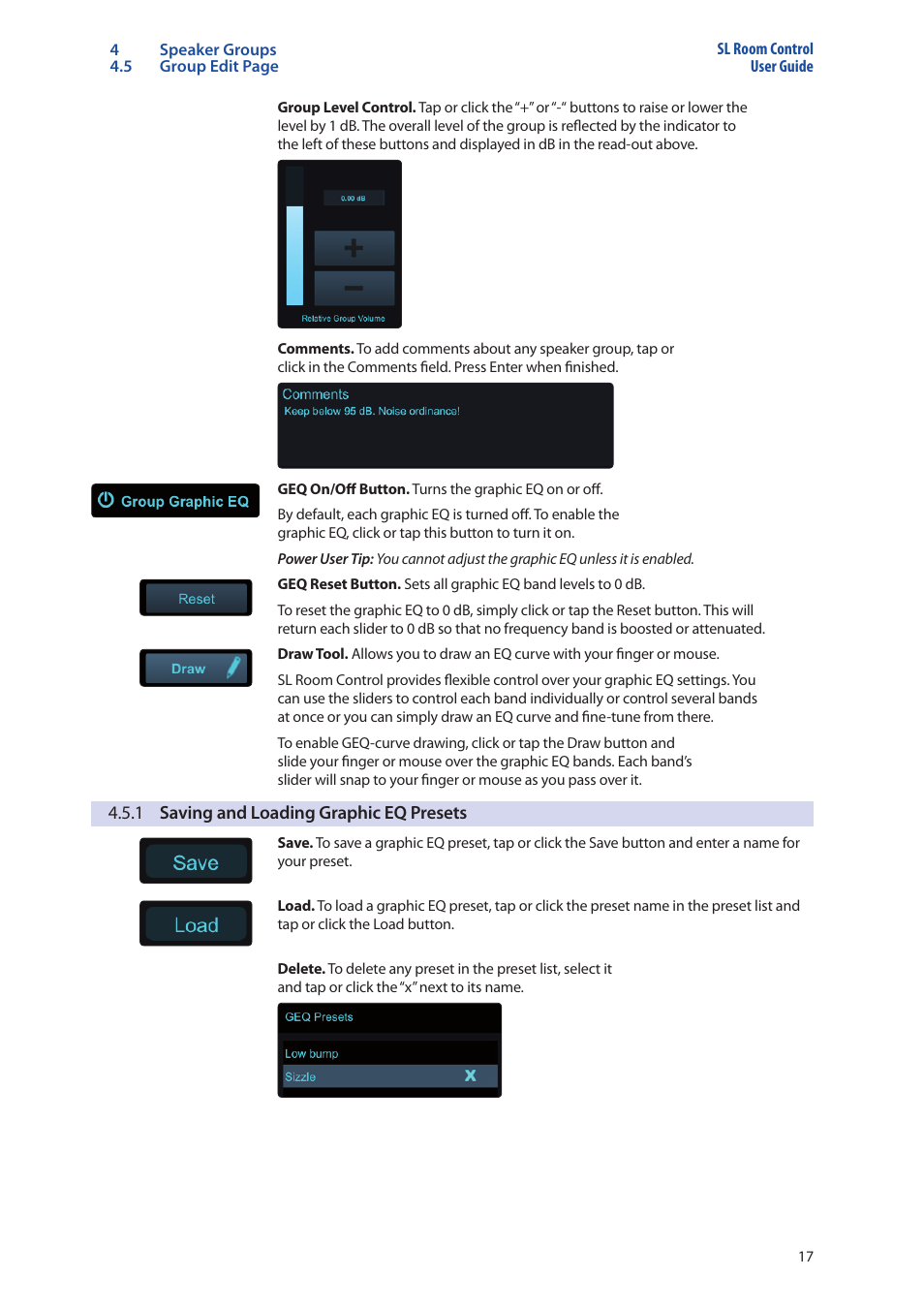 1 saving and loading graphic eq presets, 1 saving and loading, Graphic eq presets — 17 | PreSonus SL Room Control User Manual | Page 19 / 28