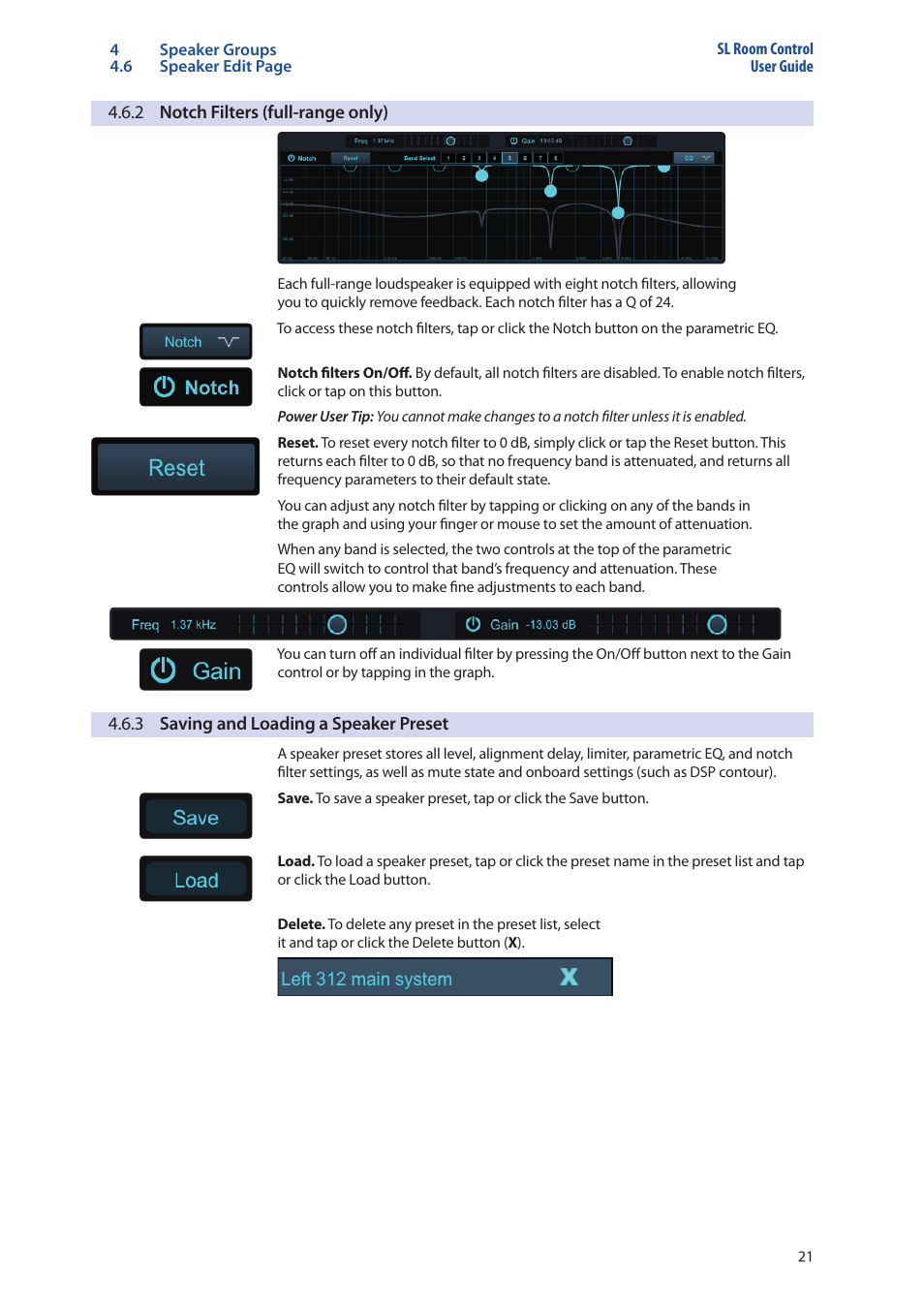 2 notch filters (full-range only), 3 saving and loading a speaker preset, 2 notch filters | Full-range only) — 21, 3 saving and loading a speaker, Preset — 21 | PreSonus SL Room Control User Manual | Page 23 / 28