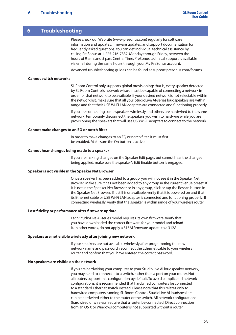 6 troubleshooting, 6 troubleshooting — 23 | PreSonus SL Room Control User Manual | Page 25 / 28