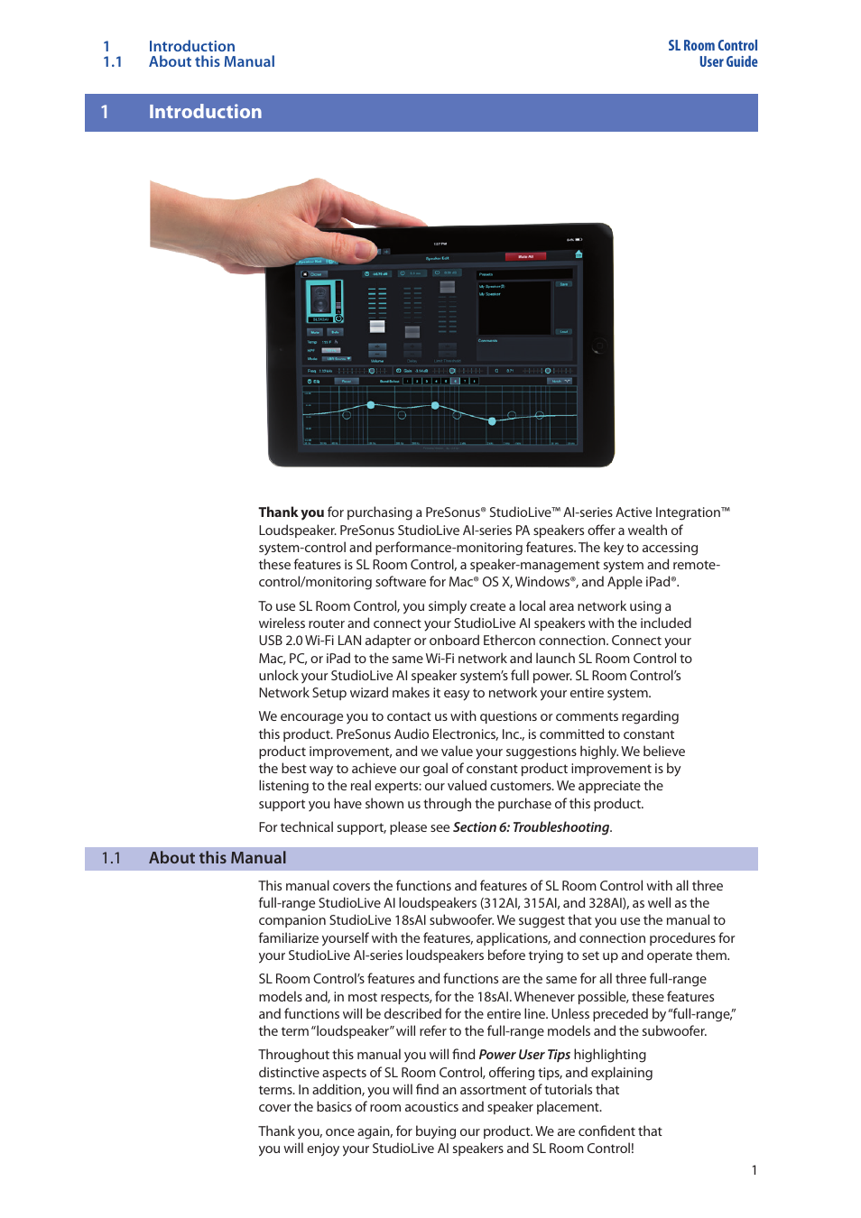 1 introduction, 1 about this manual, 2 summary of sl room control features | 1 introduction — 1, About this manual — 1, Summary of sl room control features — 1 | PreSonus SL Room Control User Manual | Page 3 / 28