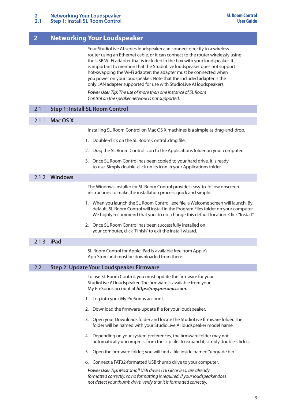 2 networking your loudspeaker, 1 step 1: install sl room control, 1 mac os x | 2 windows, 3 ipad, 2 step 2: update your loudspeaker firmware, Networking your loudspeaker — 3, Step 1: install sl room control — 3, 1 mac os x — 3, 2 windows — 3 | PreSonus SL Room Control User Manual | Page 5 / 28