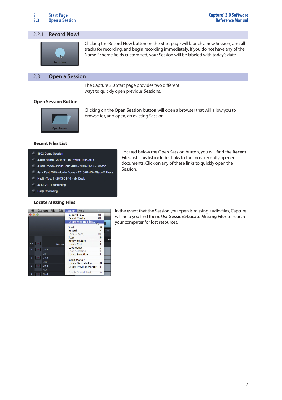 1 record now! — 7, Open a session — 7 | PreSonus Capture  2.0 User Manual | Page 11 / 40