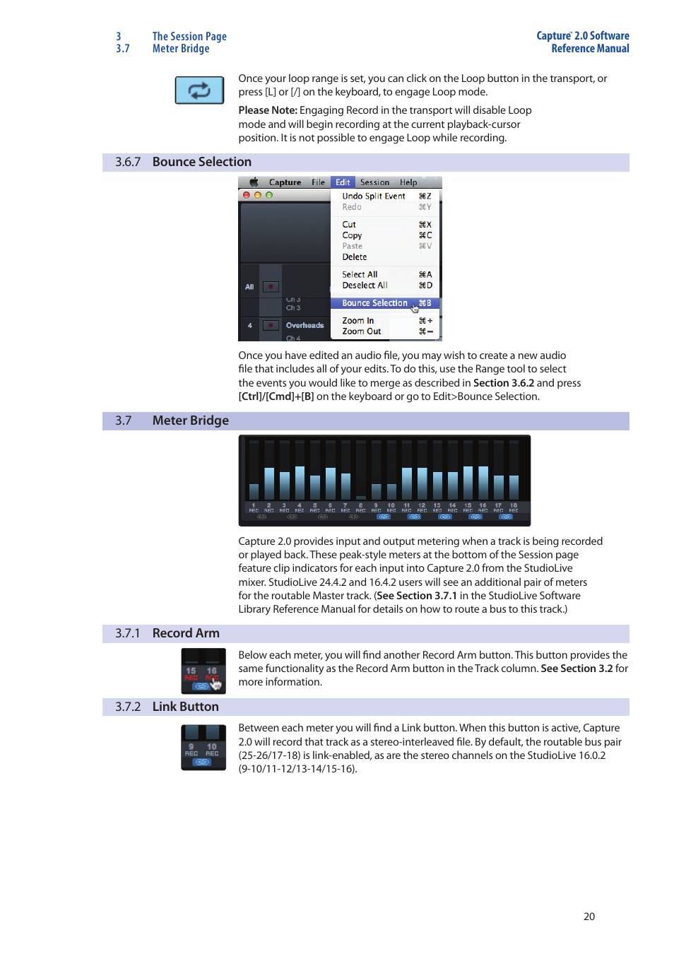 7 bounce selection — 20, Meter bridge — 20, 1 record arm — 20 | 2 link button. — 20 | PreSonus Capture  2.0 User Manual | Page 24 / 40