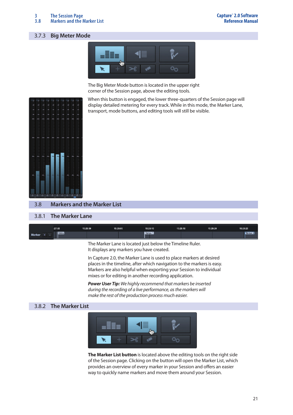 3 big meter mode — 21, Markers and the marker list — 21, 1 the marker lane — 21 | 2 the marker list — 21 | PreSonus Capture  2.0 User Manual | Page 25 / 40