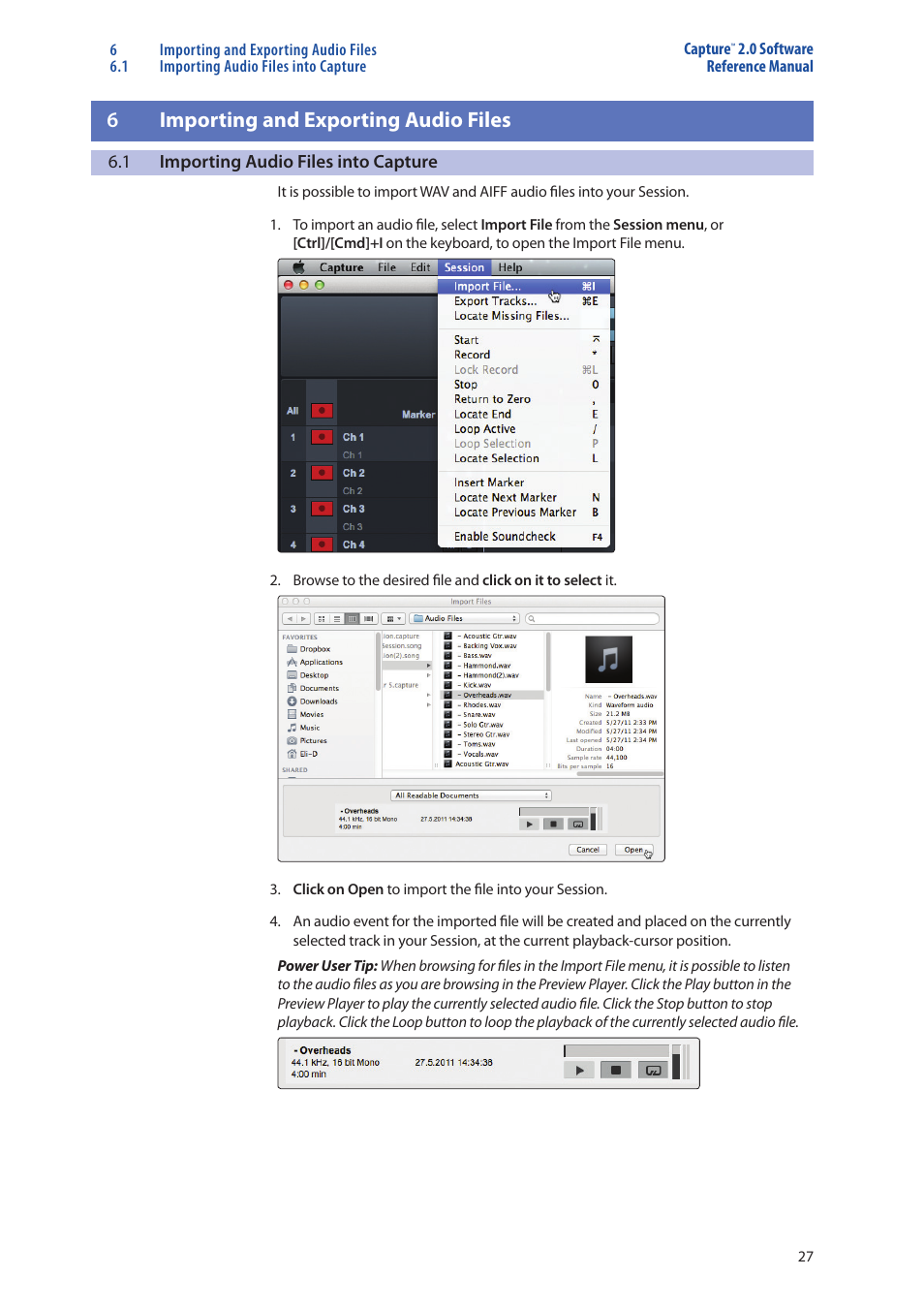 Importing and exporting, Audio files — 27, Importing audio files into capture — 27 | 6importing and exporting audio files | PreSonus Capture  2.0 User Manual | Page 31 / 40