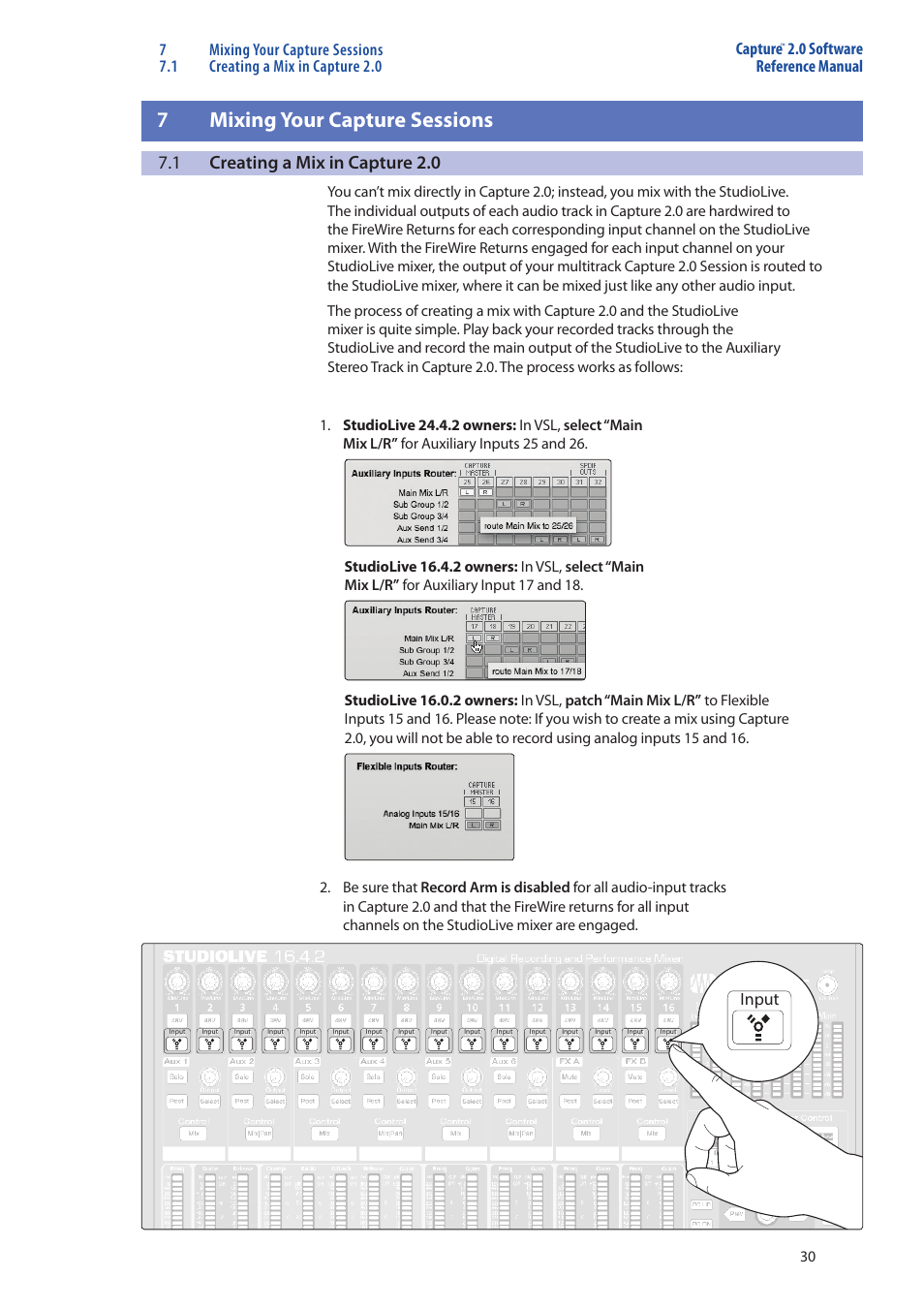 Mixing your capture sessions — 30, Creating a mix in capture 2.0 — 30, 7mixing your capture sessions | 1 creating a mix in capture 2.0, 0 software reference manual, Input | PreSonus Capture  2.0 User Manual | Page 34 / 40