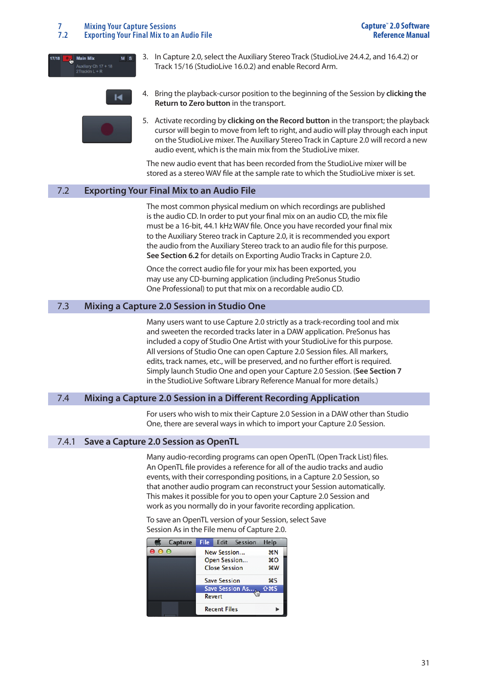 Exporting your final mix to an audio file — 31, Mixing a capture 2.0 session in studio one — 31, 1 save a capture 2.0 session as | Opentl — 31 | PreSonus Capture  2.0 User Manual | Page 35 / 40