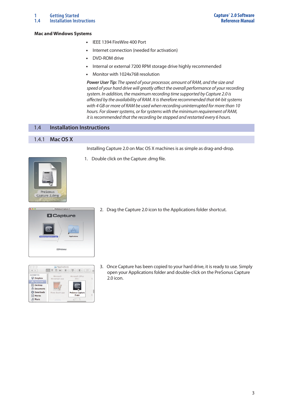 Installation instructions — 3, 1 mac os x — 3 | PreSonus Capture  2.0 User Manual | Page 7 / 40