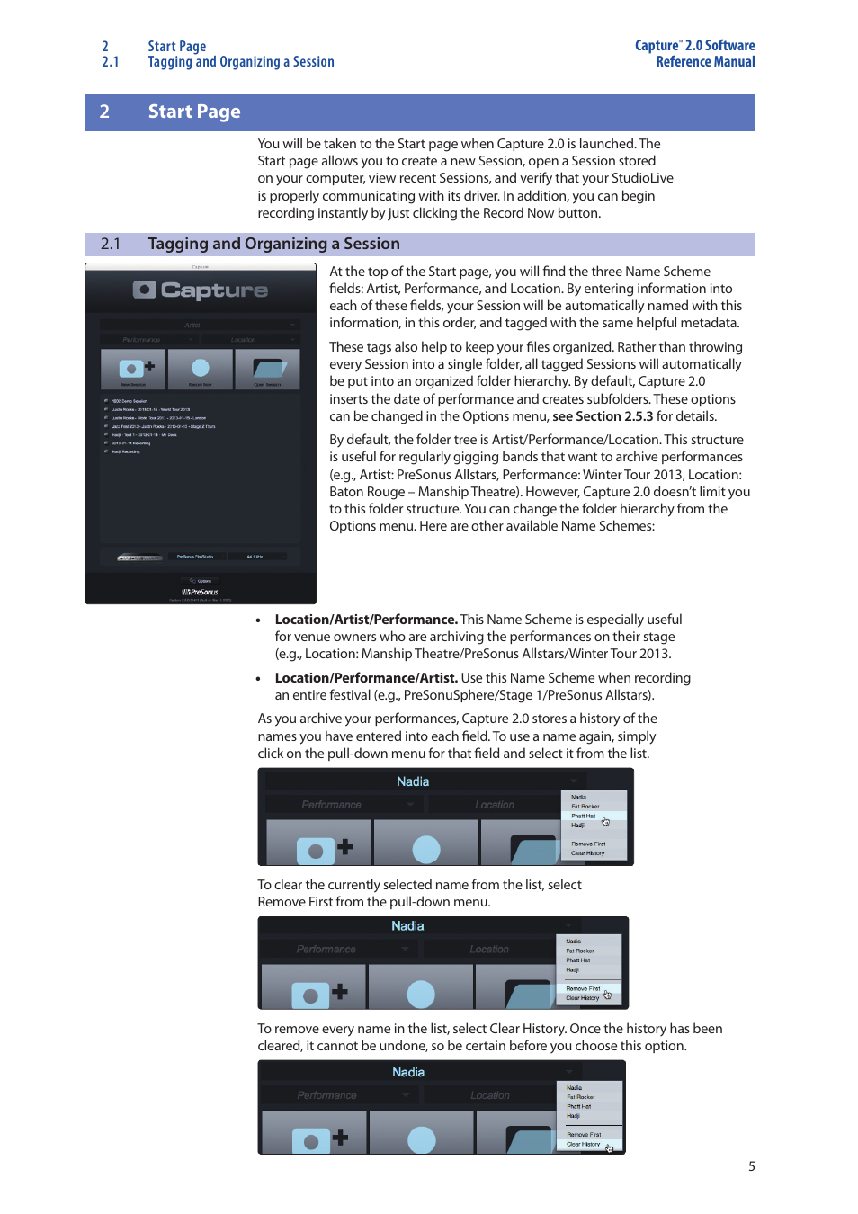 Tagging and organizing a session — 5, 2start page | PreSonus Capture  2.0 User Manual | Page 9 / 40