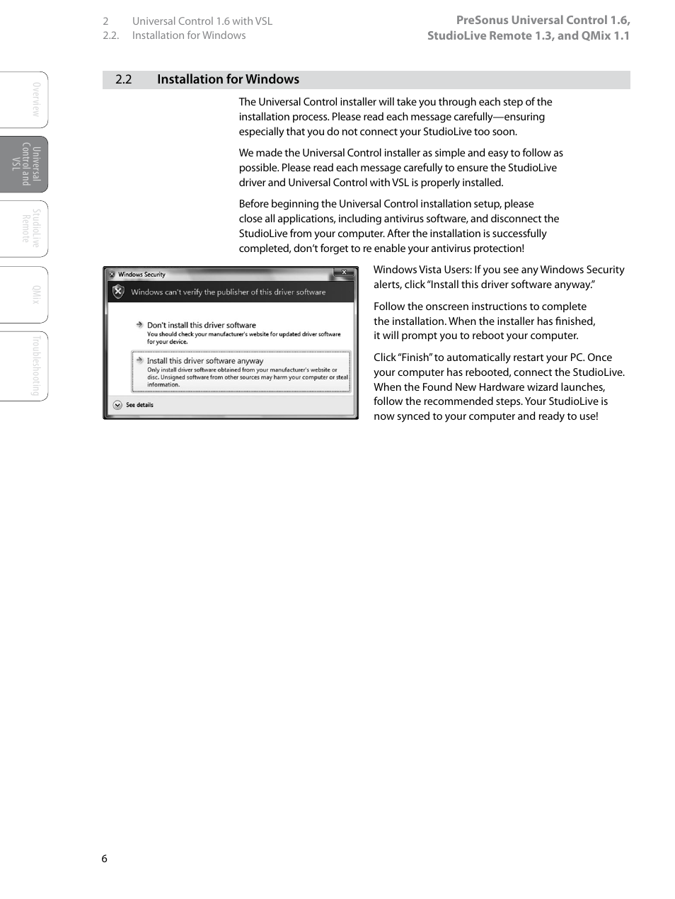 2 installation for windows, 2 installation for windows — 6 | PreSonus StudioLive Remote User Manual | Page 10 / 64