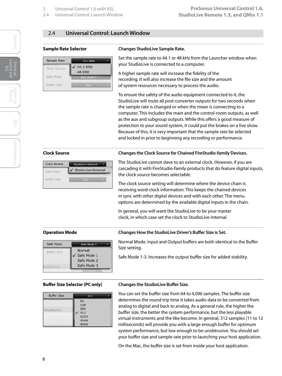 4 universal control: launch window, Universal control: launch window — 8 | PreSonus StudioLive Remote User Manual | Page 12 / 64