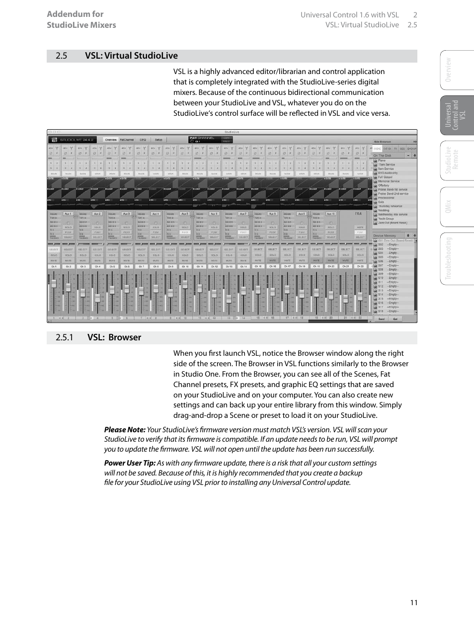 5 vsl: virtual studiolive, 1 vsl: browser, 5 vsl: virtual studiolive — 11 | 1 vsl: browser — 11 | PreSonus StudioLive Remote User Manual | Page 15 / 64