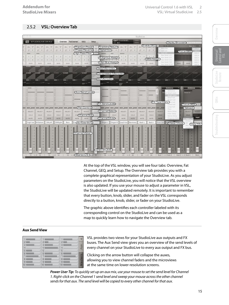 2 vsl: overview tab, 2 vsl: overview tab — 15, Addendum for studiolive mixers | PreSonus StudioLive Remote User Manual | Page 19 / 64