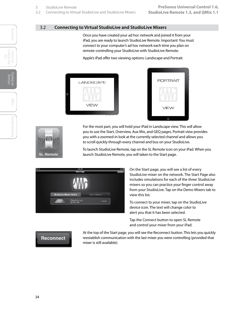 2 connecting to virtual studiolive and, Studiolive mixers — 34 | PreSonus StudioLive Remote User Manual | Page 38 / 64