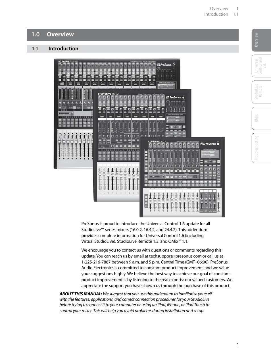 0 overview, 1 introduction, 0 overview — 1 | 1 introduction — 1 | PreSonus StudioLive Remote User Manual | Page 5 / 64