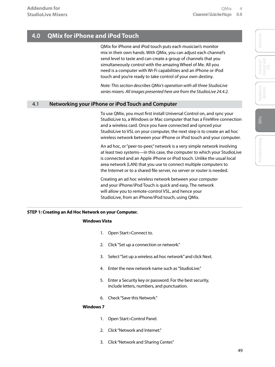 0 qmix for iphone and ipod touch, 0 qmix for iphone and, Ipod touch — 49 | 1 networking your iphone or ipod touch, And computer — 49 | PreSonus StudioLive Remote User Manual | Page 53 / 64