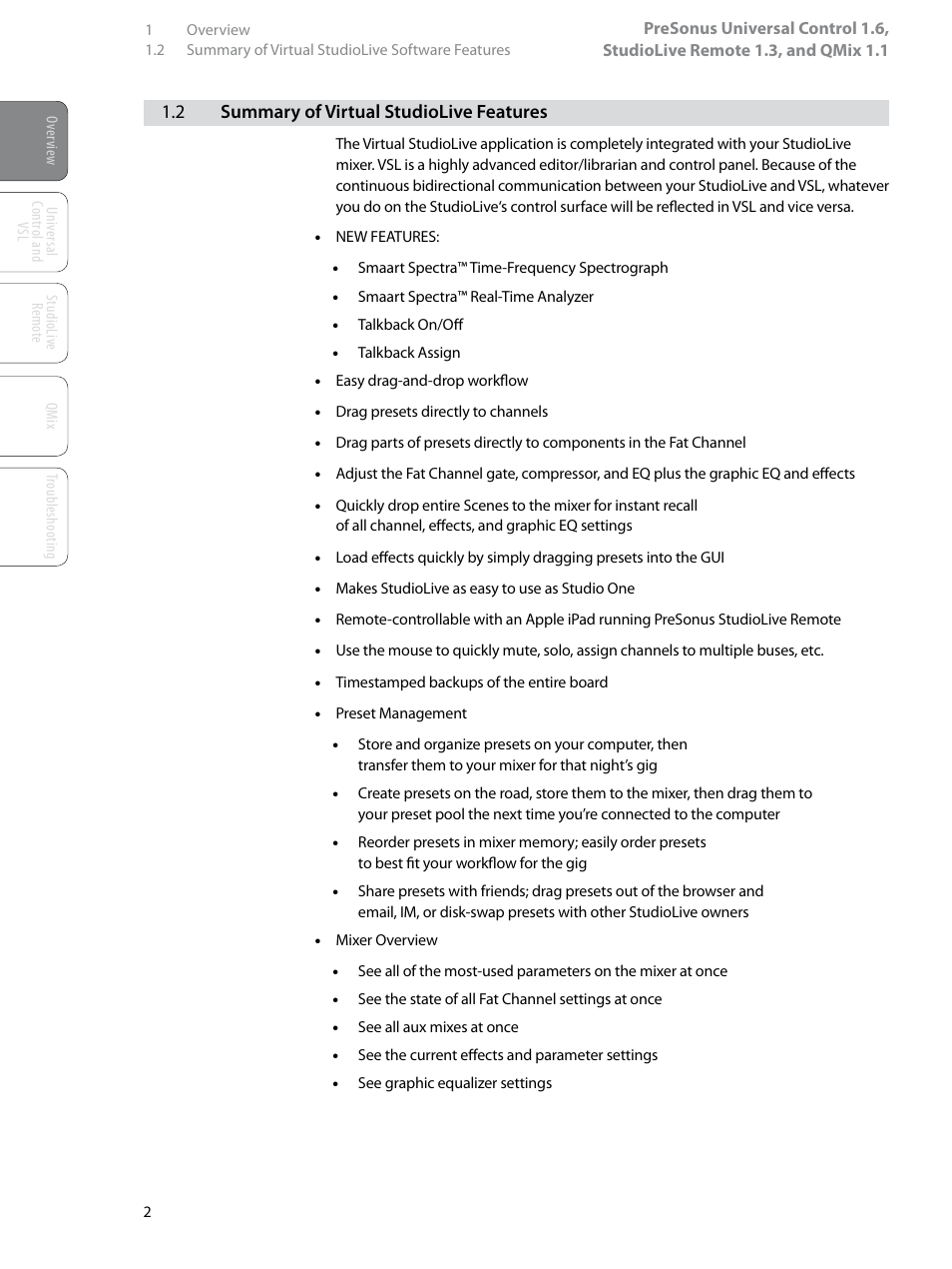 2 summary of virtual studiolive features, 2 summary of virtual studiolive, Features — 2 | PreSonus StudioLive Remote User Manual | Page 6 / 64