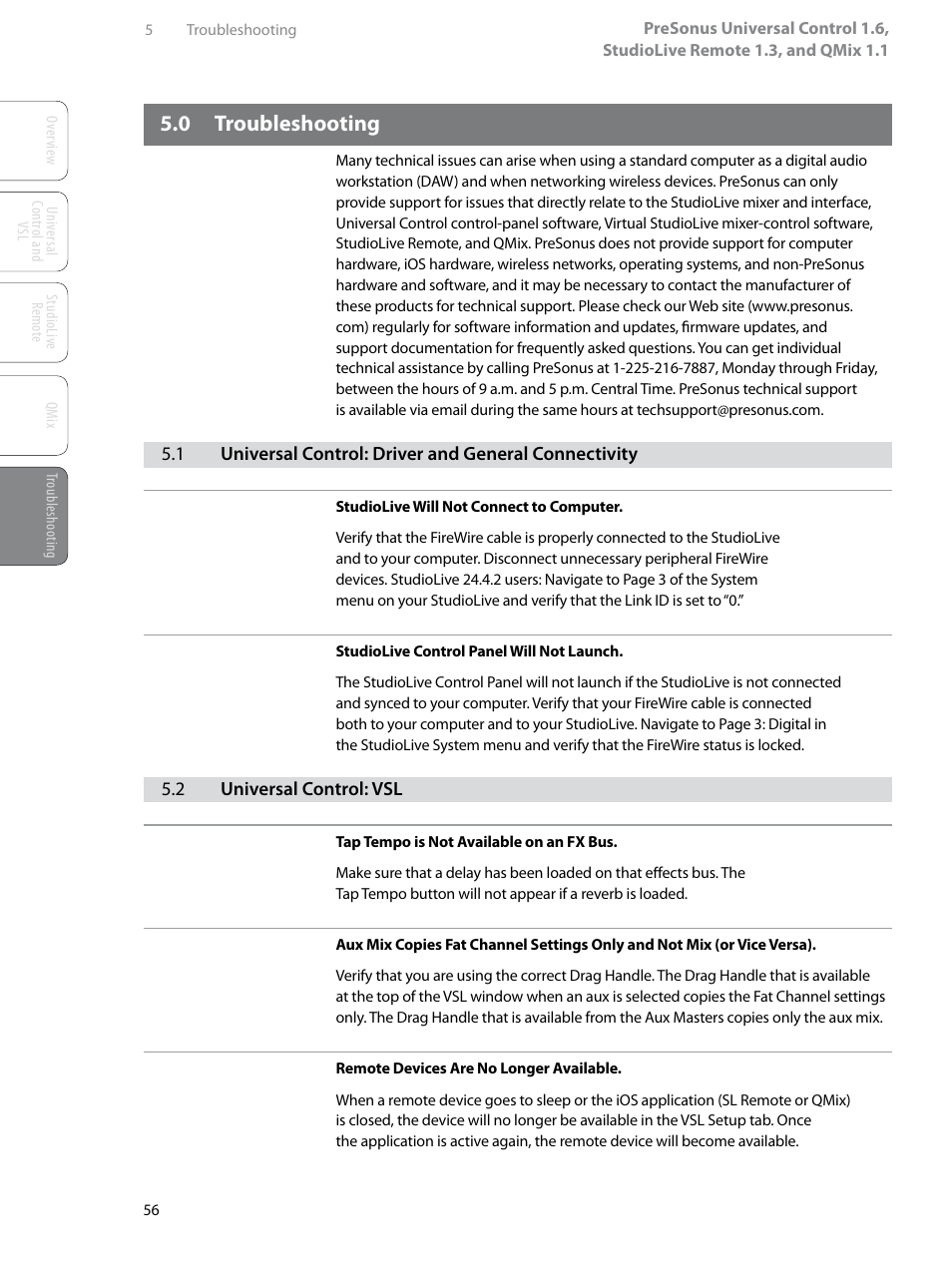 0 troubleshooting, 2 universal control: vsl, 0 troubleshooting — 56 | 1 universal control: driver and general, Connectivity — 56, 2 universal control: vsl — 56 | PreSonus StudioLive Remote User Manual | Page 60 / 64