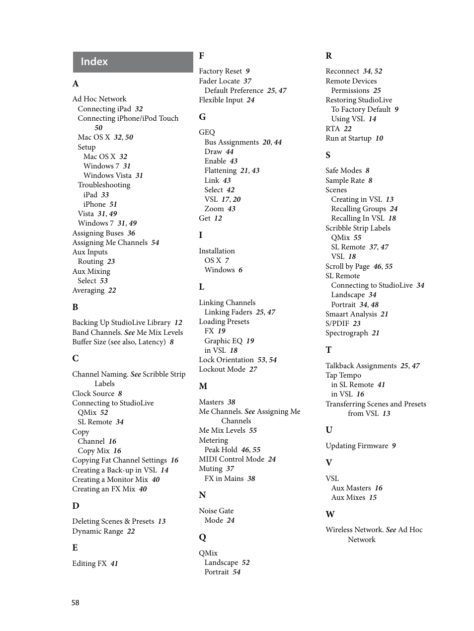 Index, Index — 58 | PreSonus StudioLive Remote User Manual | Page 62 / 64