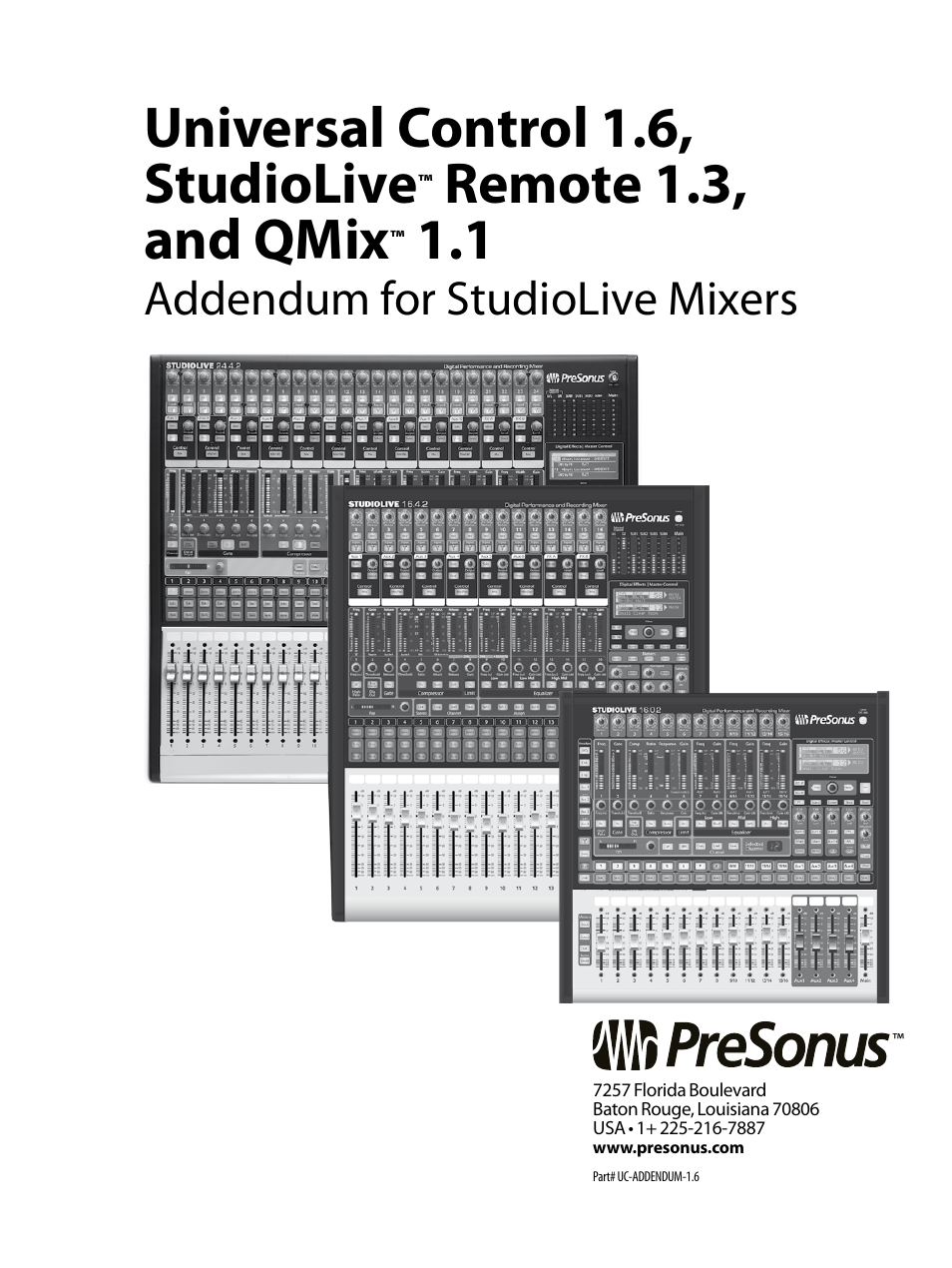 Universal control 1.6, studiolive, Remote 1.3, and qmix, Addendum for studiolive mixers | PreSonus StudioLive Remote User Manual | Page 64 / 64