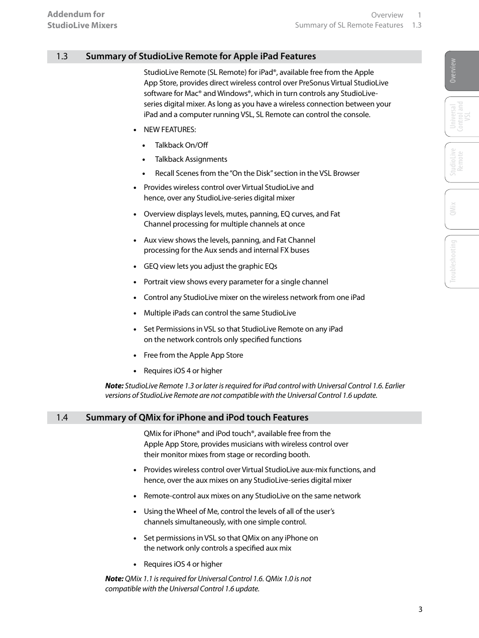 3 summary of studiolive remote for, Apple ipad features — 3, 4 summary of qmix for iphone and | Ipod touch features — 3 | PreSonus StudioLive Remote User Manual | Page 7 / 64