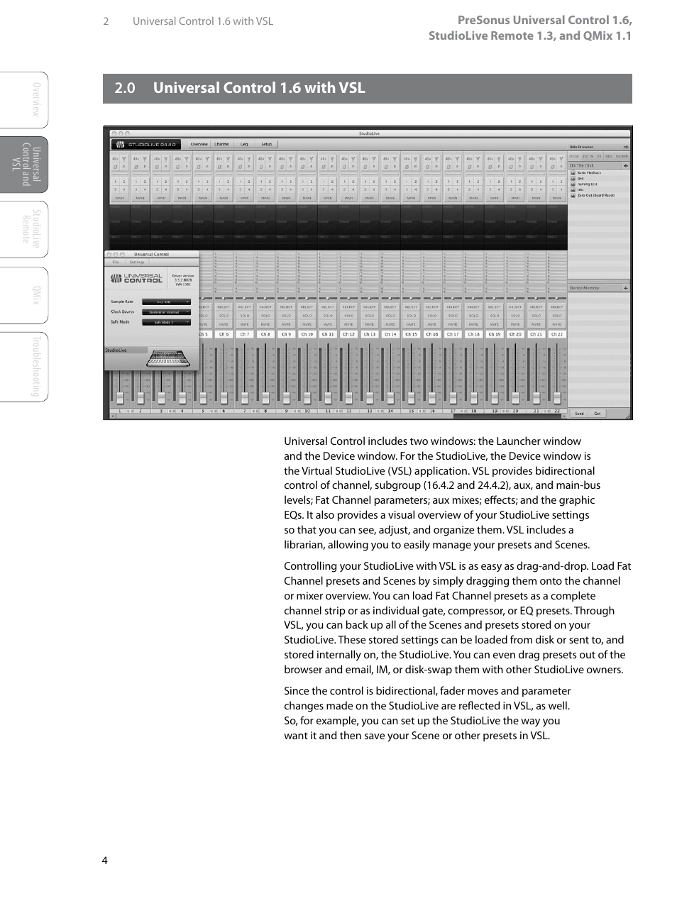 0 universal control 1.6 with vsl, 0 universal control 1.6, With vsl — 4 | PreSonus StudioLive Remote User Manual | Page 8 / 64