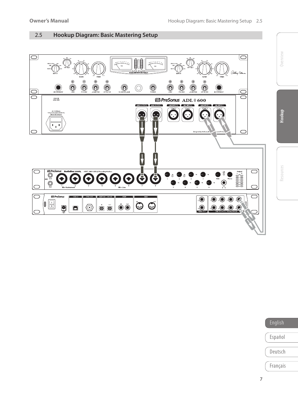 5 hookup diagram: basic mastering setup, 5 hookup diagram: basic mastering, Setup — 7 | English français español deutsch, Owner’s manual, Ov er view hook up resour ces, Hook up, Hookup diagram: basic mastering setup 2.5 | PreSonus ADL 600 User Manual | Page 11 / 22