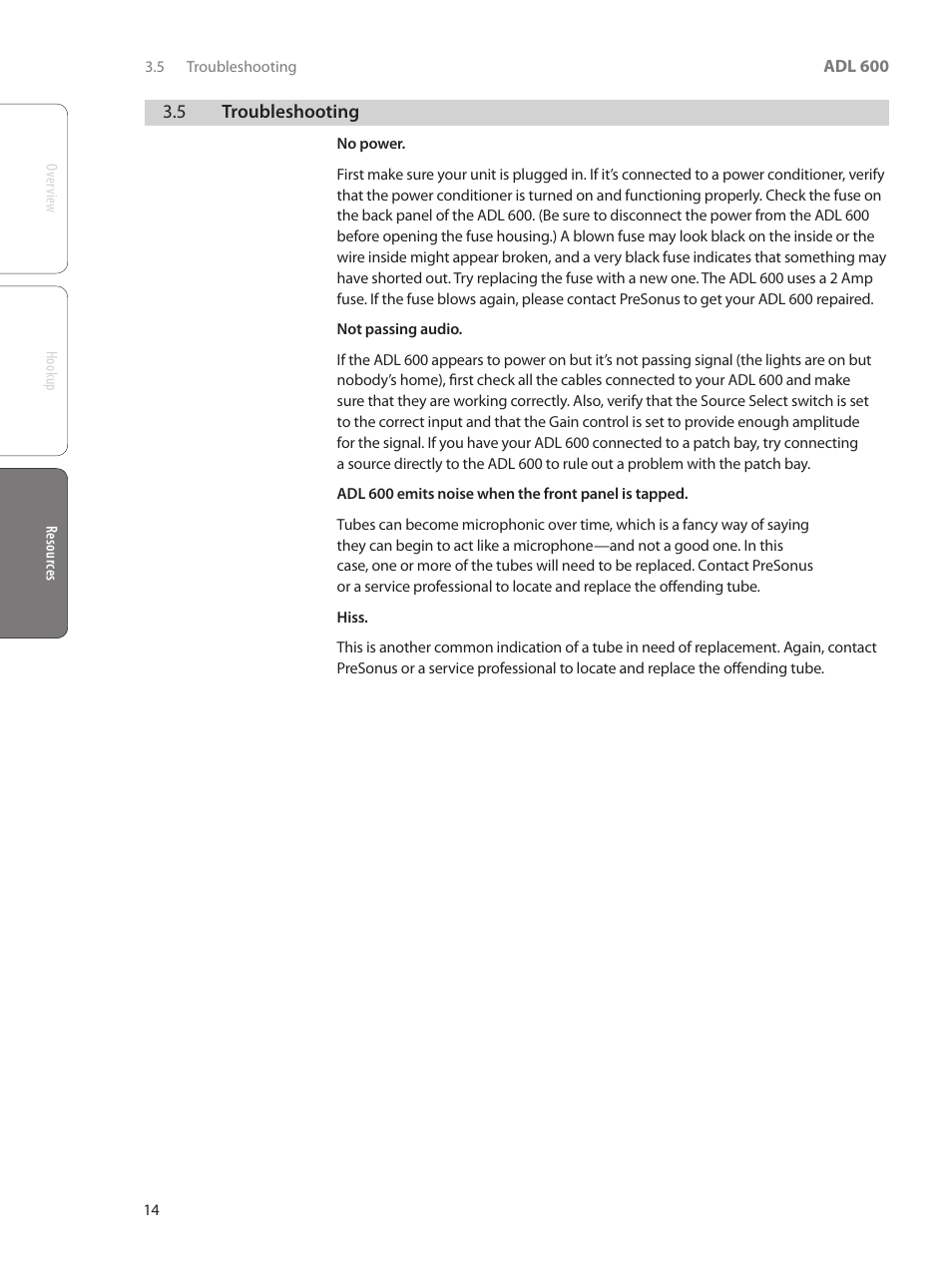 5 troubleshooting, 5 troubleshooting — 14 | PreSonus ADL 600 User Manual | Page 18 / 22