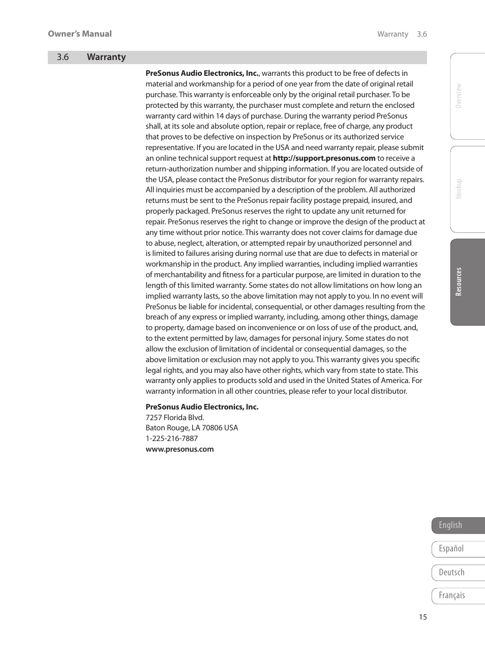 6 warranty, 6 warranty — 15 | PreSonus ADL 600 User Manual | Page 19 / 22