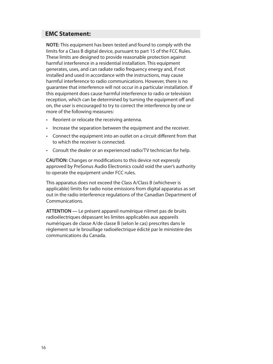 Emc statement | PreSonus ADL 600 User Manual | Page 20 / 22