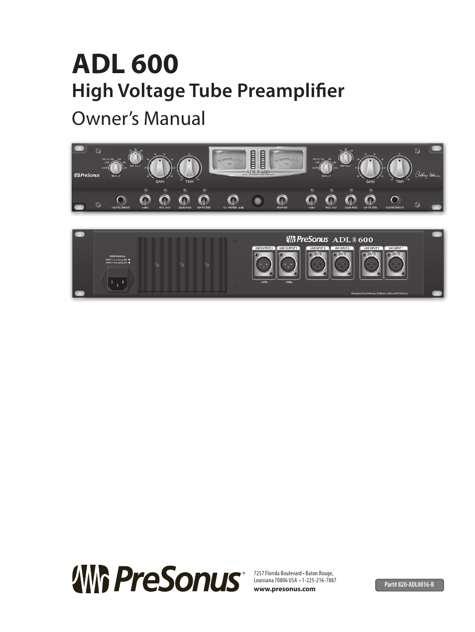 Adl 600, High voltage tube preamplifier owner’s manual | PreSonus ADL 600 User Manual | Page 22 / 22