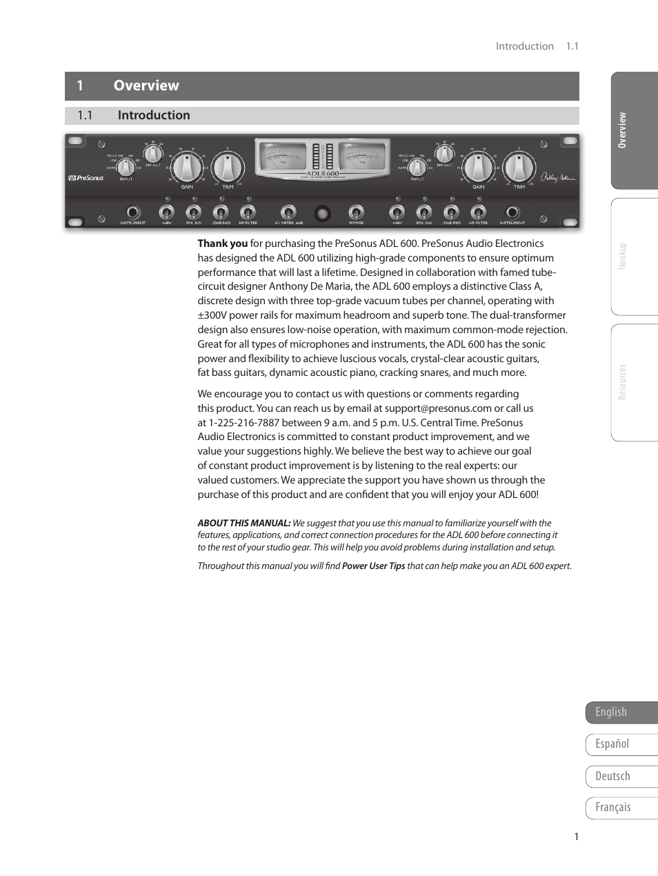 1 overview, 1 introduction, 1 overview — 1 | 1 introduction — 1 | PreSonus ADL 600 User Manual | Page 5 / 22