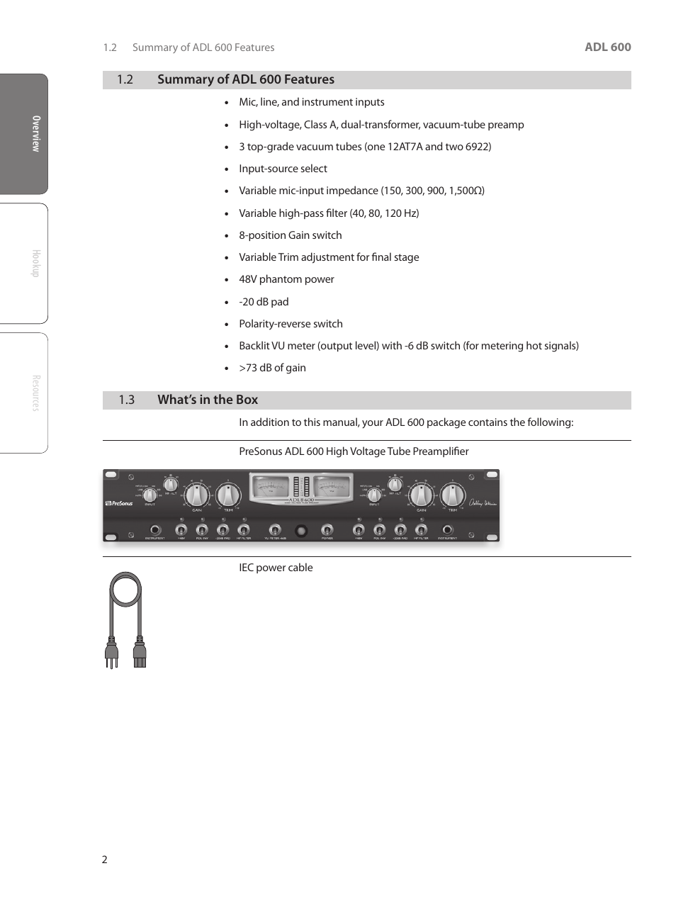 2 summary of adl 600 features, 3 what’s in the box, 2 summary of adl 600 features — 2 | 3 what’s in the box — 2 | PreSonus ADL 600 User Manual | Page 6 / 22