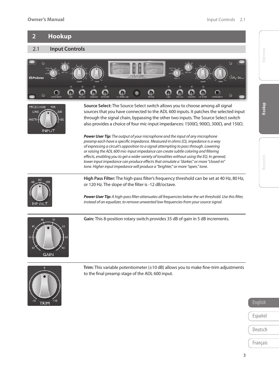 2 hookup, 1 input controls, 2 hookup — 3 | 1 input controls — 3 | PreSonus ADL 600 User Manual | Page 7 / 22