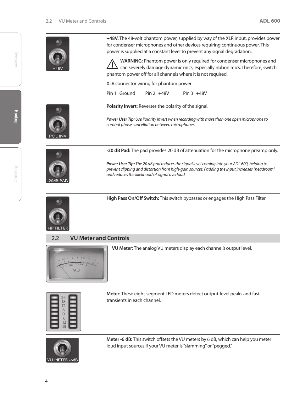 2 vu meter and controls, 2 vu meter and controls — 4 | PreSonus ADL 600 User Manual | Page 8 / 22